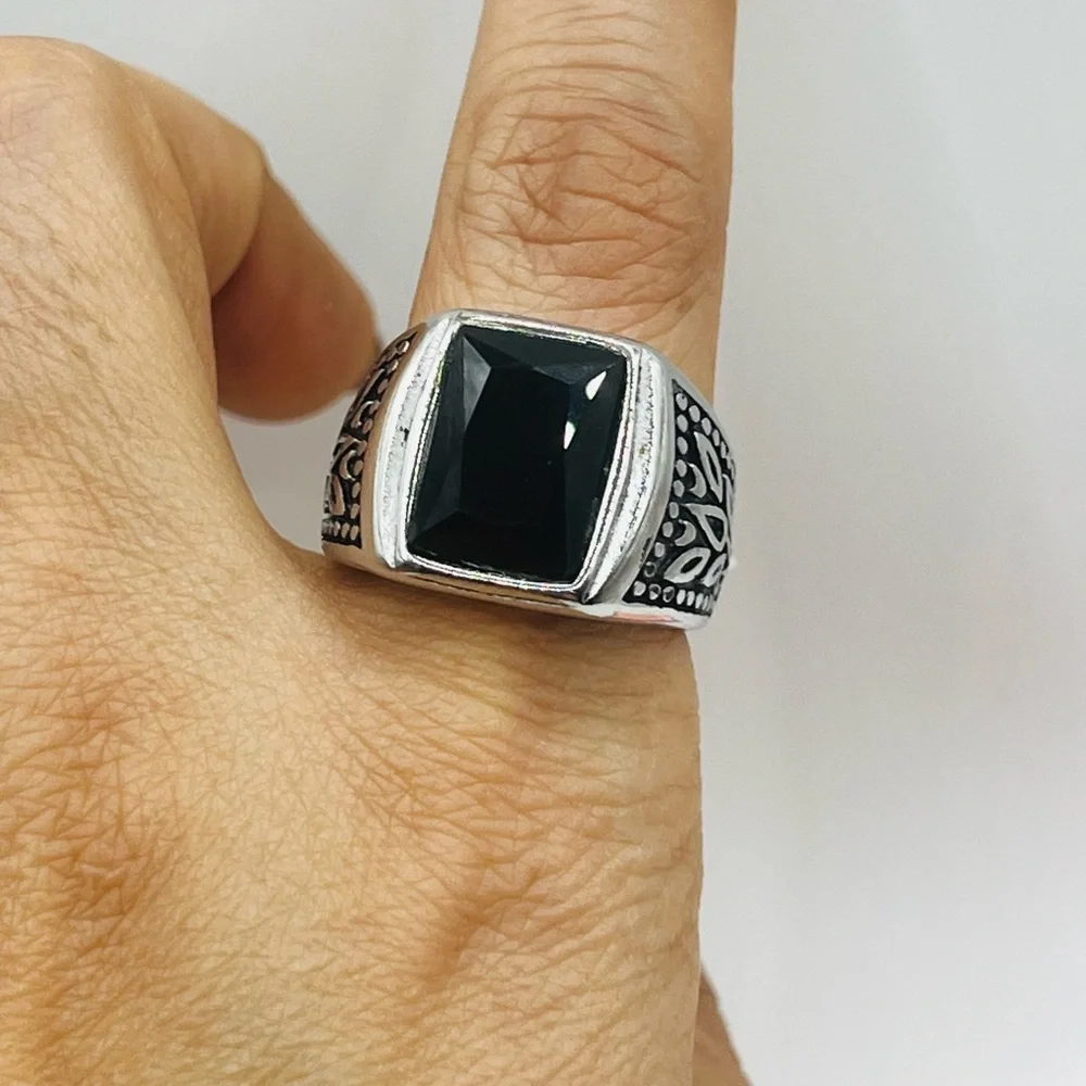 Men's Black Silver Ring, Stainless Steel, Size: 10